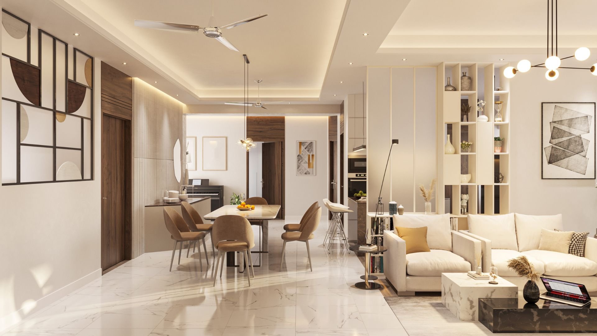 Modern open-plan living and dining room with neutral color palette