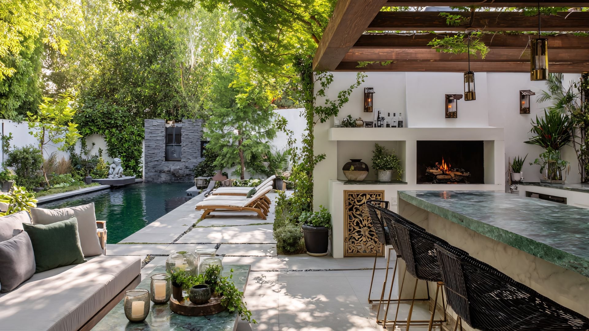 Luxurious outdoor living space with pool, fireplace, and modern seating