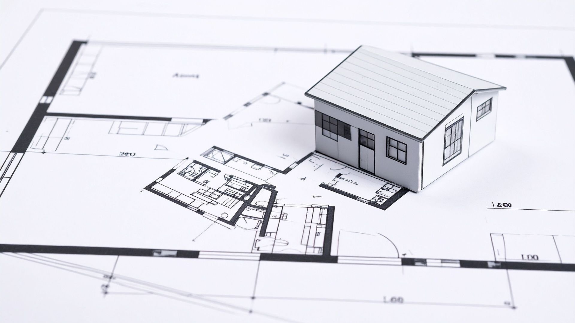 3D architectural house model on detailed floor plan blueprint