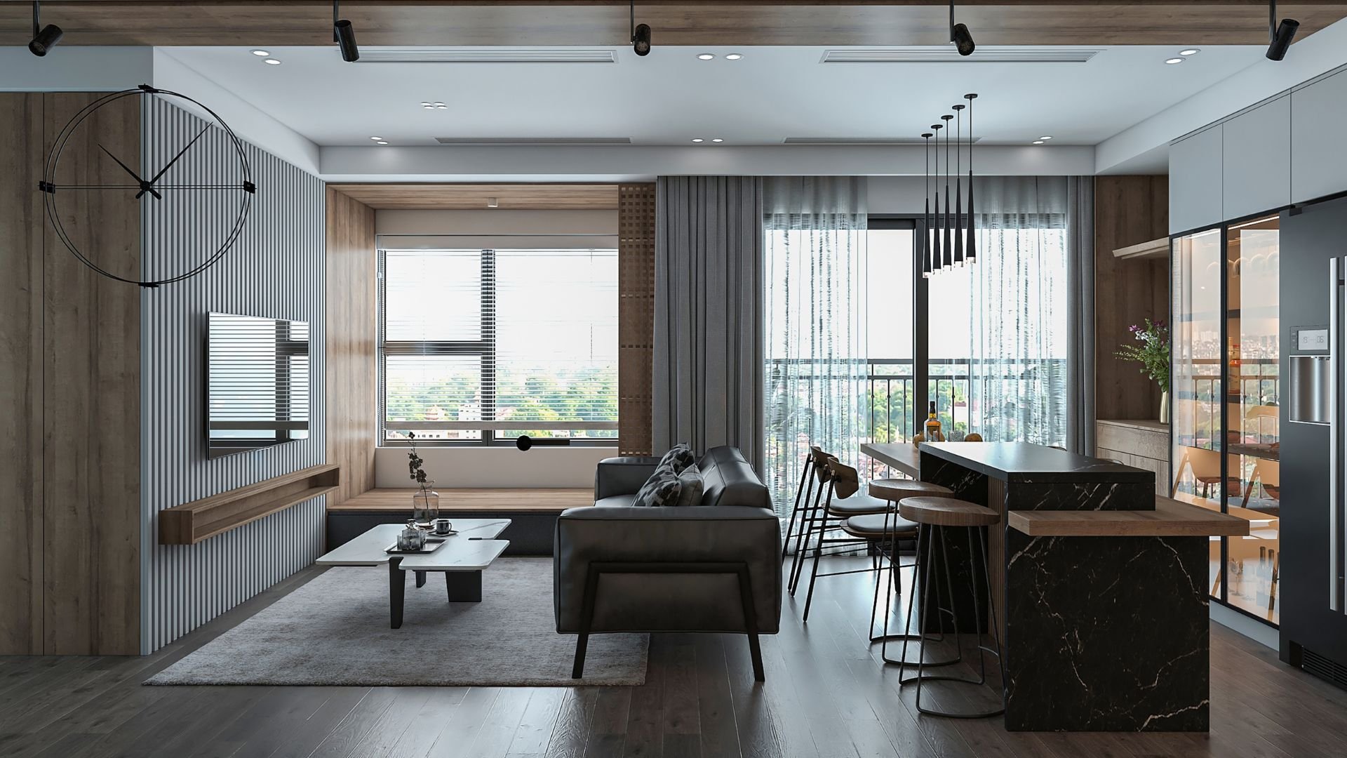 Modern apartment with gray sofa, marble kitchen island, and large windows